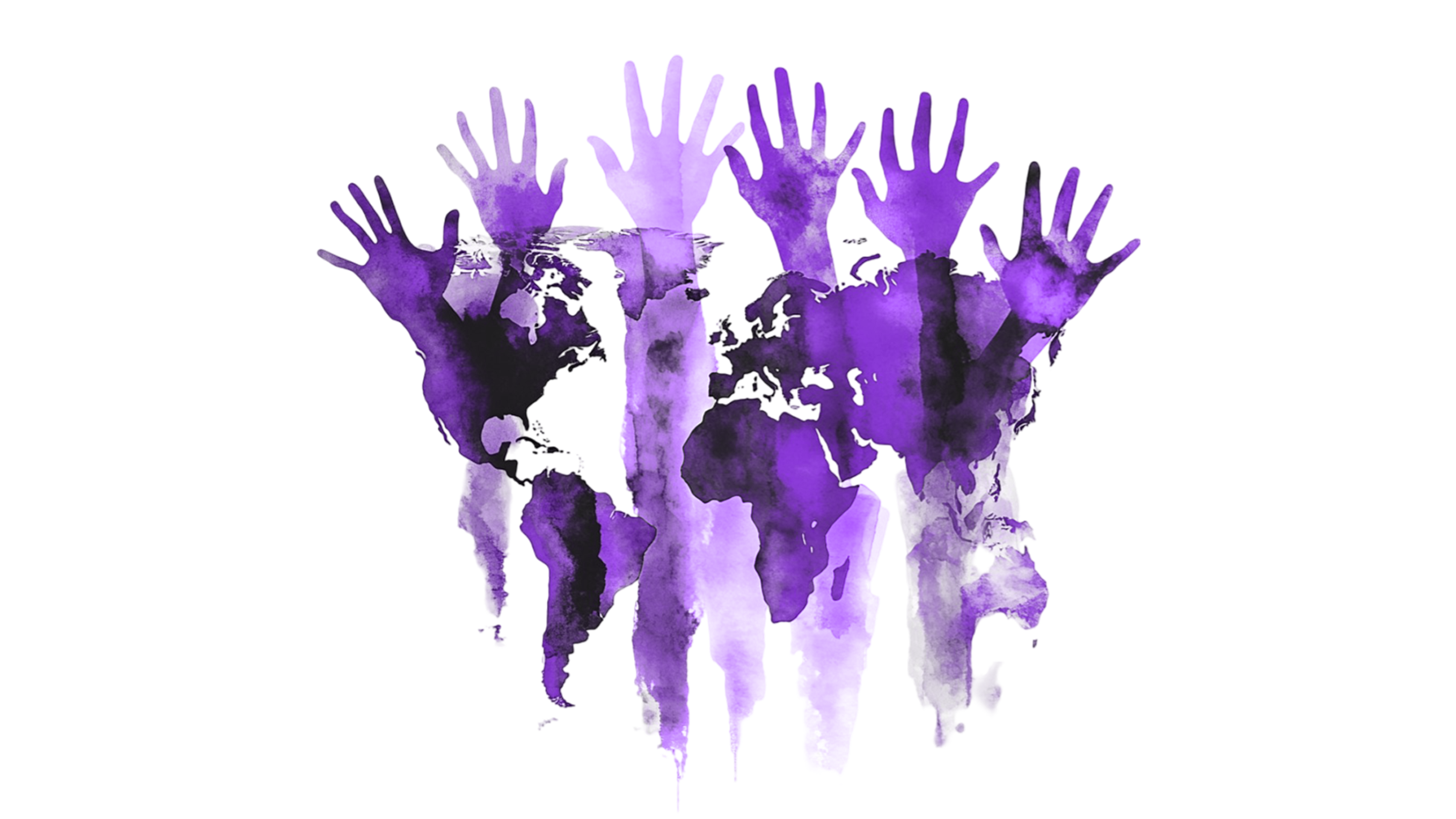 Raised hands painted over a world map